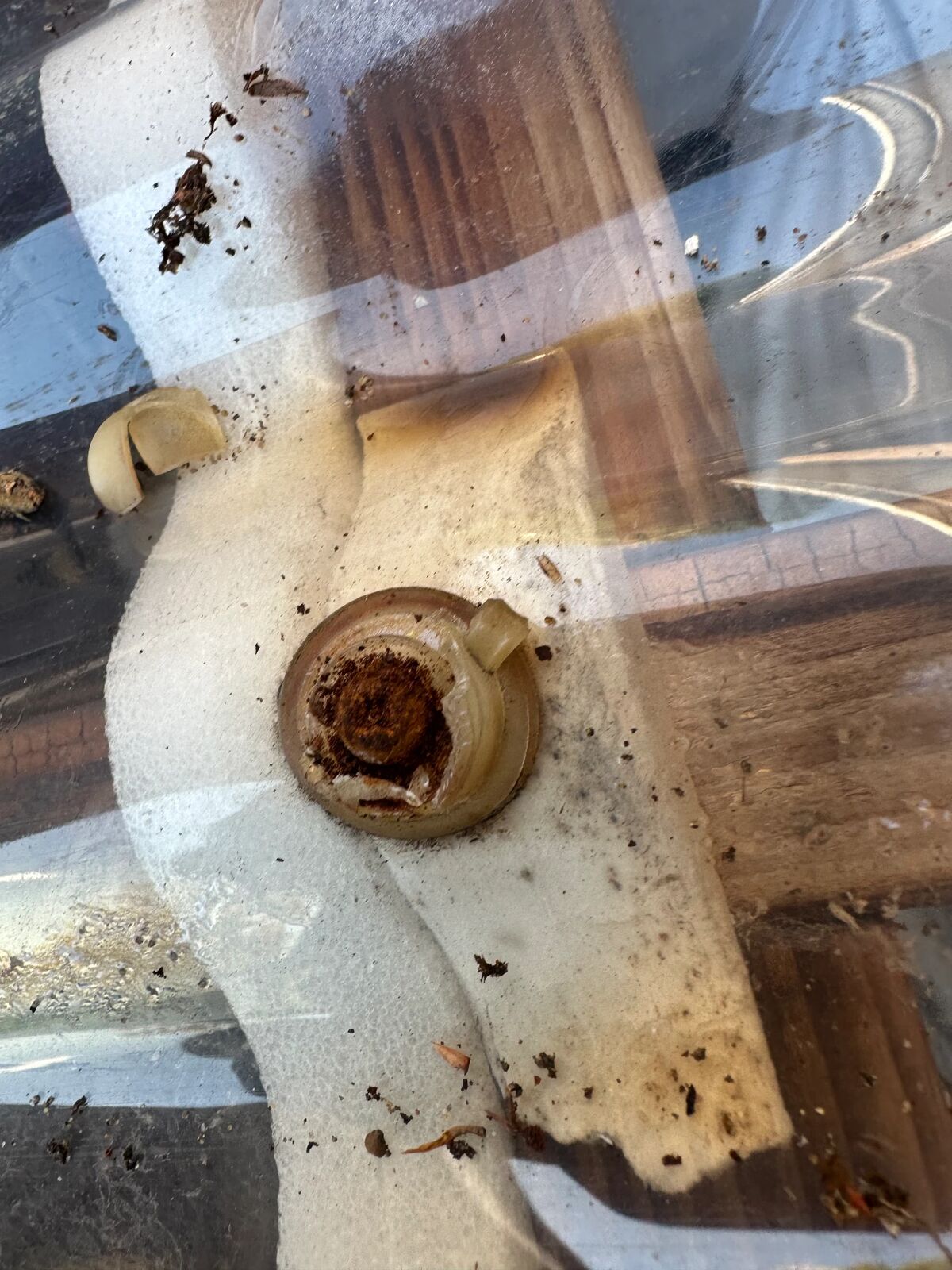 Close-up of an old, heavily rusted roof fixing in deteriorated corrugated plastic roofing